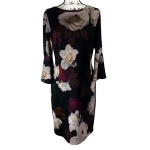 Calvin Klein Floral Bell Sleeve Midi Sheath Dress Women's 12 Black Classic Work